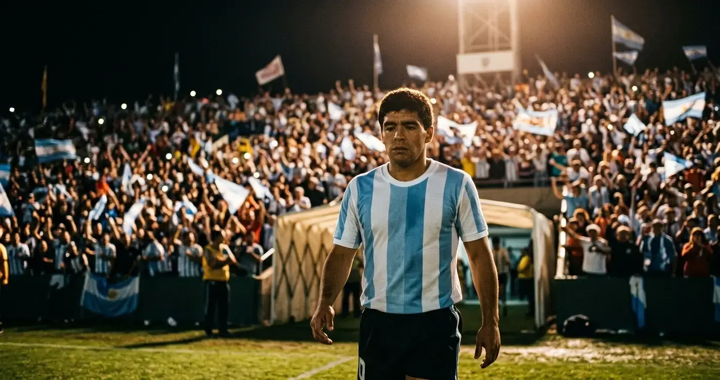 Lionel Messi in maglia albiceleste cammina in campo prima di una partita serale in uno stadio gremito