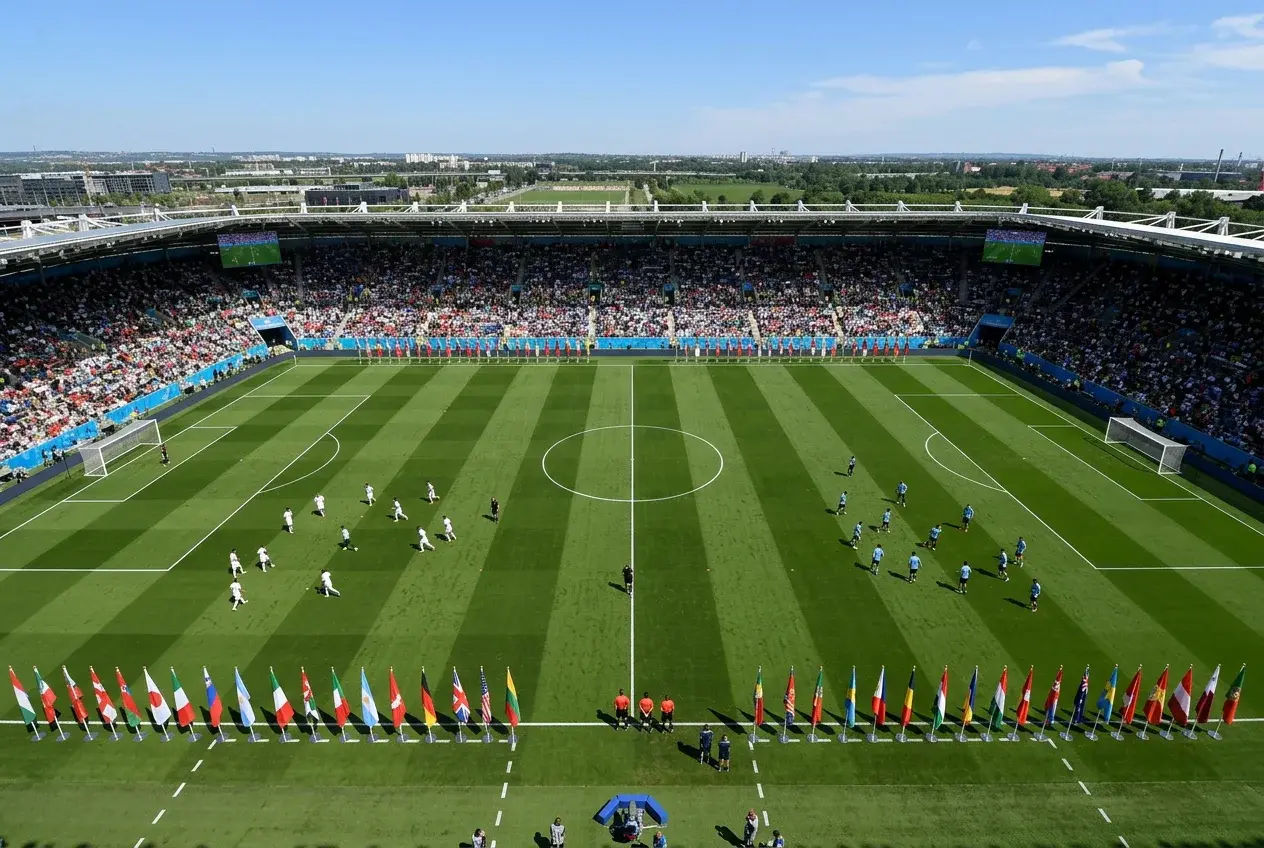 Campo da calcio con 48 bandiere nazionali disposte lungo il perimetro del terreno di gioco