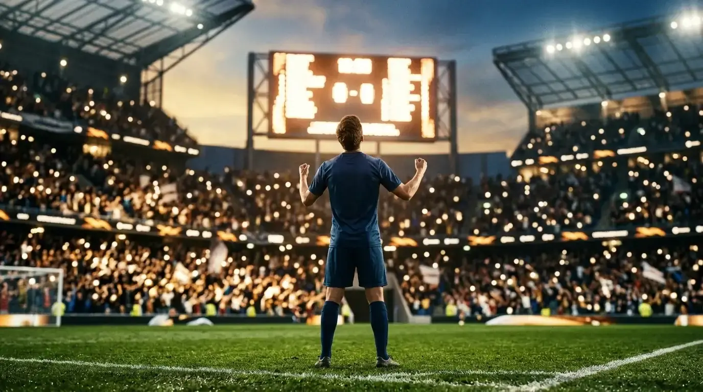Un attaccante alza lo sguardo verso il tabellone dei marcatori in uno stadio illuminato dopo un gol