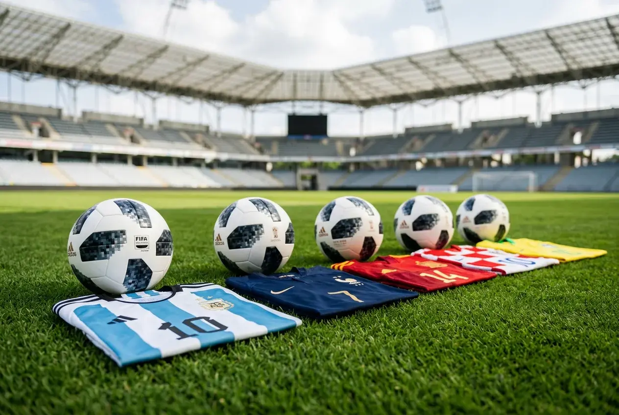 Cinque palloni da calcio ufficiali FIFA affiancati su un campo con le maglie delle nazionali favorite per i Mondiali 2026