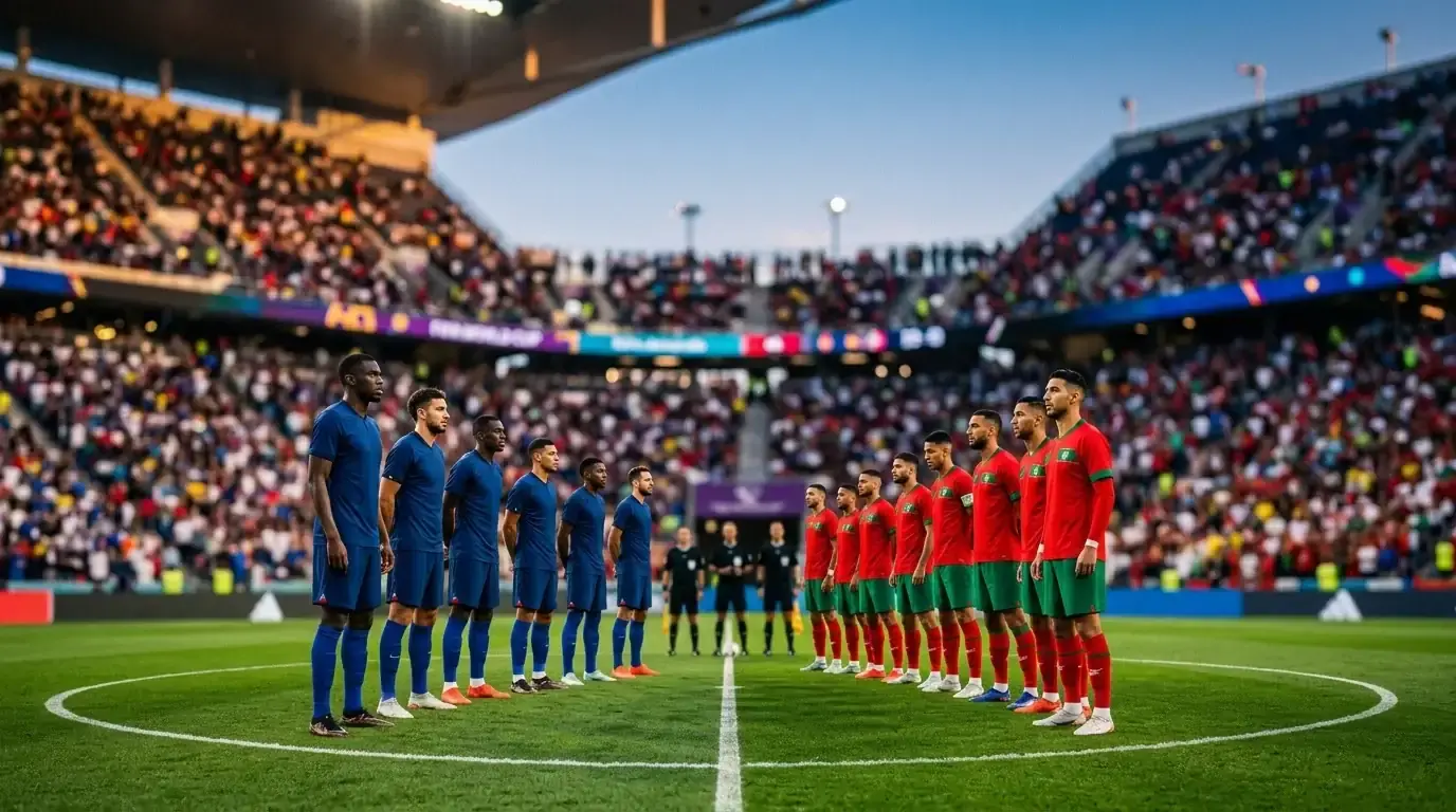 Due squadre di calcio si fronteggiano nel tunnel prima di un quarto di finale in uno stadio gremito al tramonto