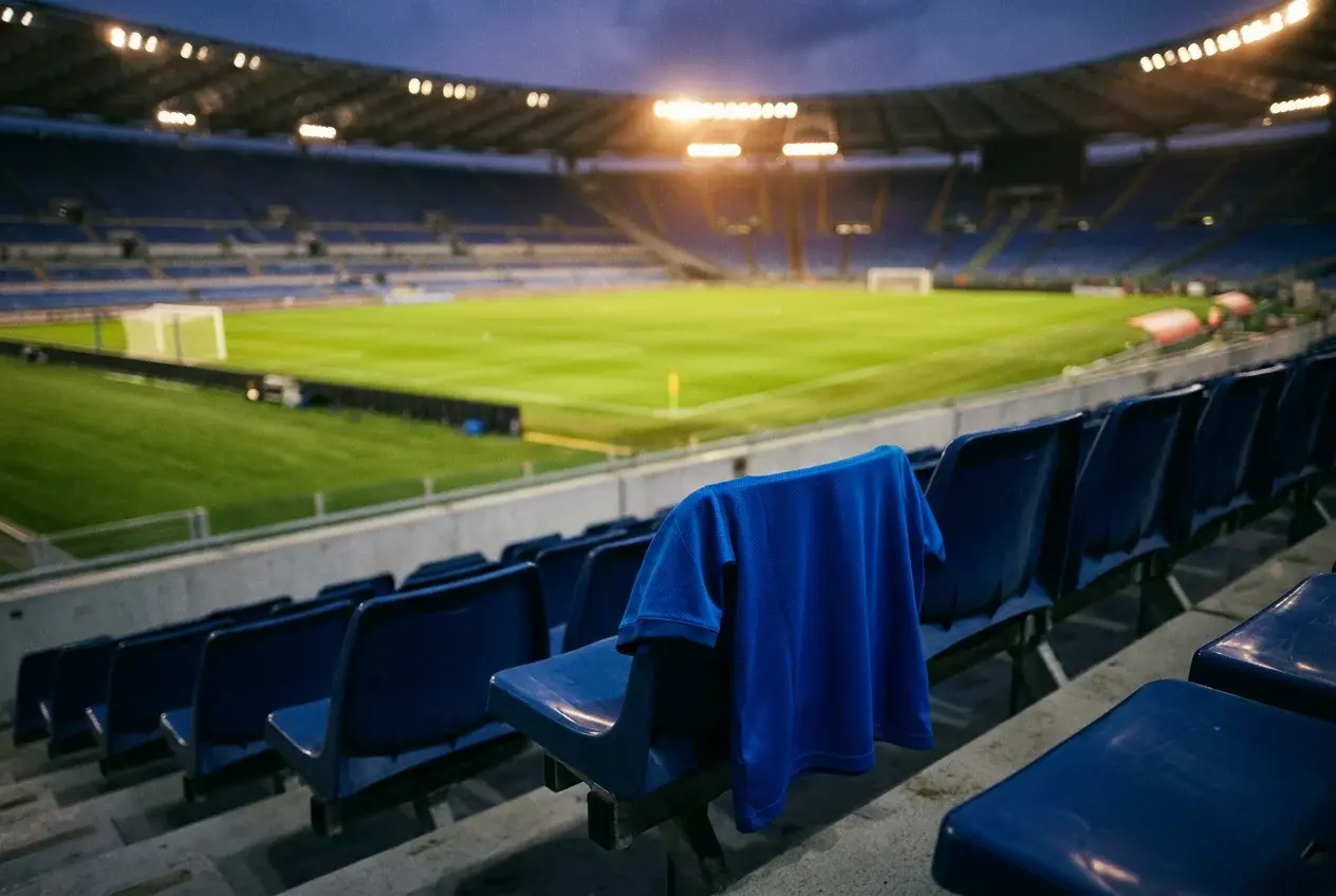 Maglia azzurra della nazionale italiana appesa a una tribuna vuota di uno stadio durante i Mondiali 2026