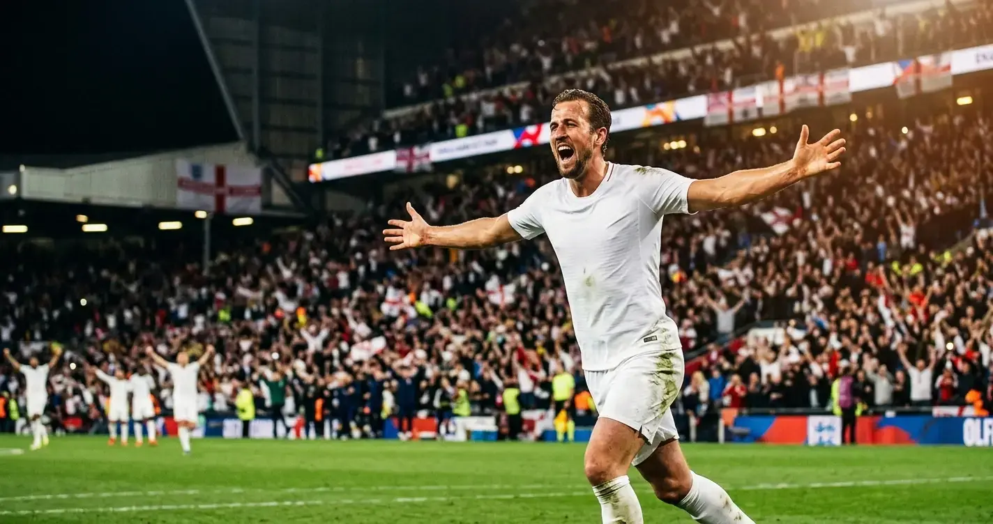 Un attaccante inglese esulta dopo un gol, maglia bianca, stadio pieno