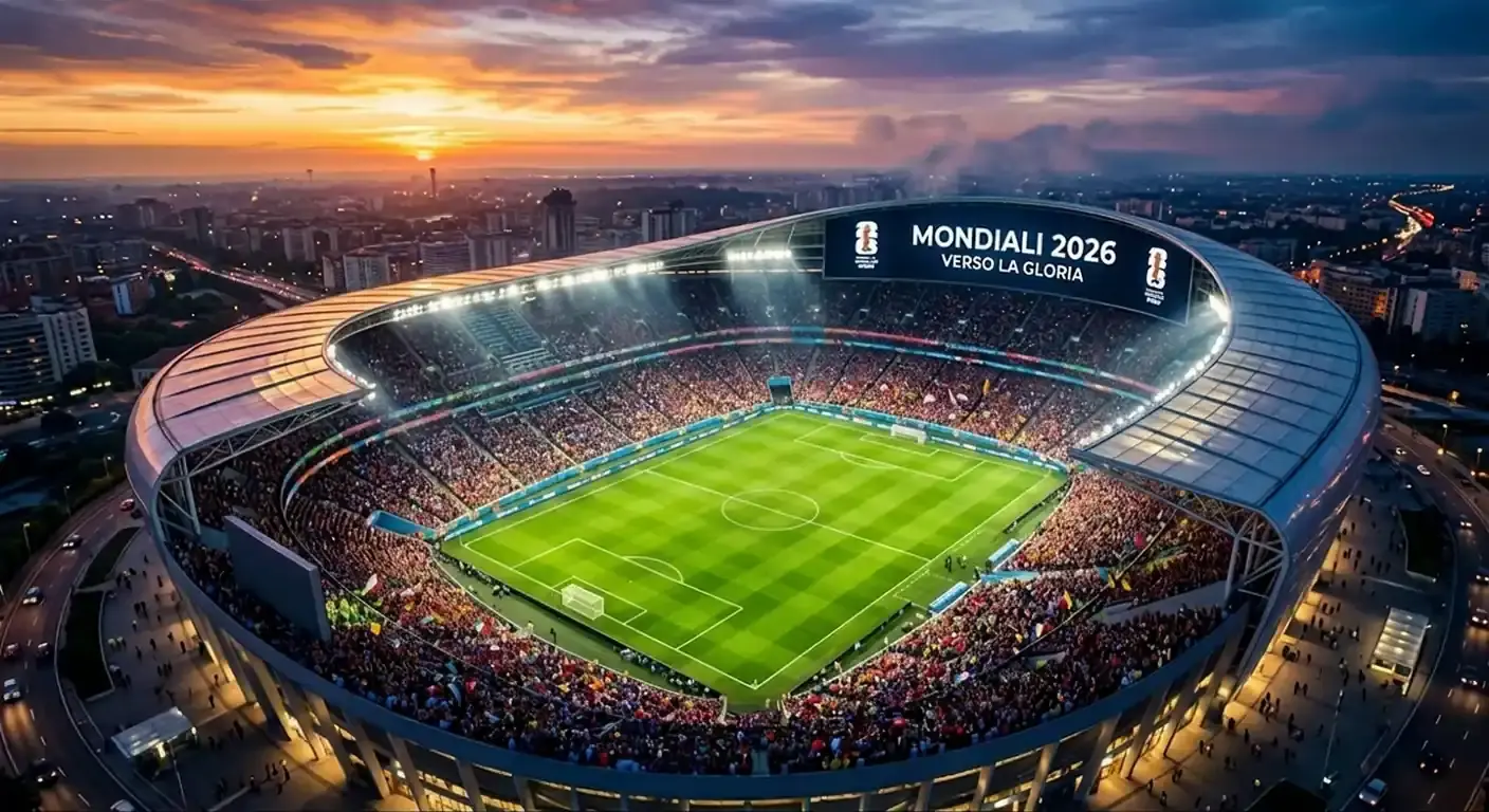 Tabellone dei gironi dei Mondiali 2026 con palloni e bandiere in uno stadio