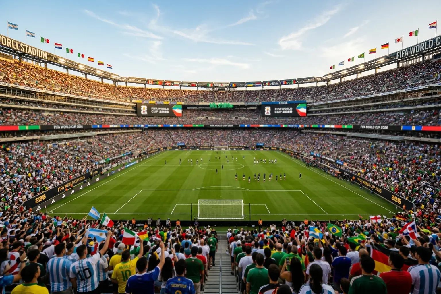Veduta panoramica di uno stadio americano durante una partita dei Mondiali 2026 con tifosi e bandiere internazionali