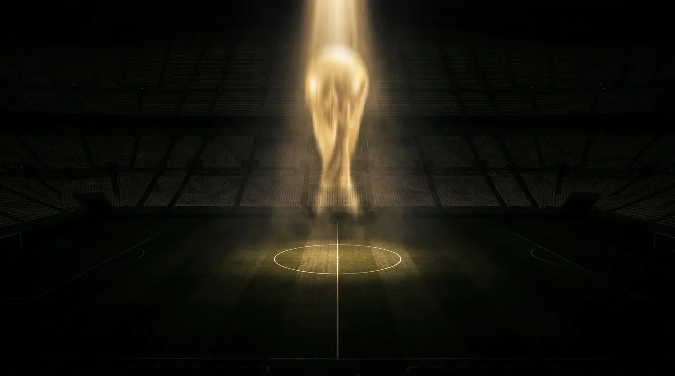 Stadio nel buio con la grafica del tabellone Mondiali 2026 proiettata sul prato