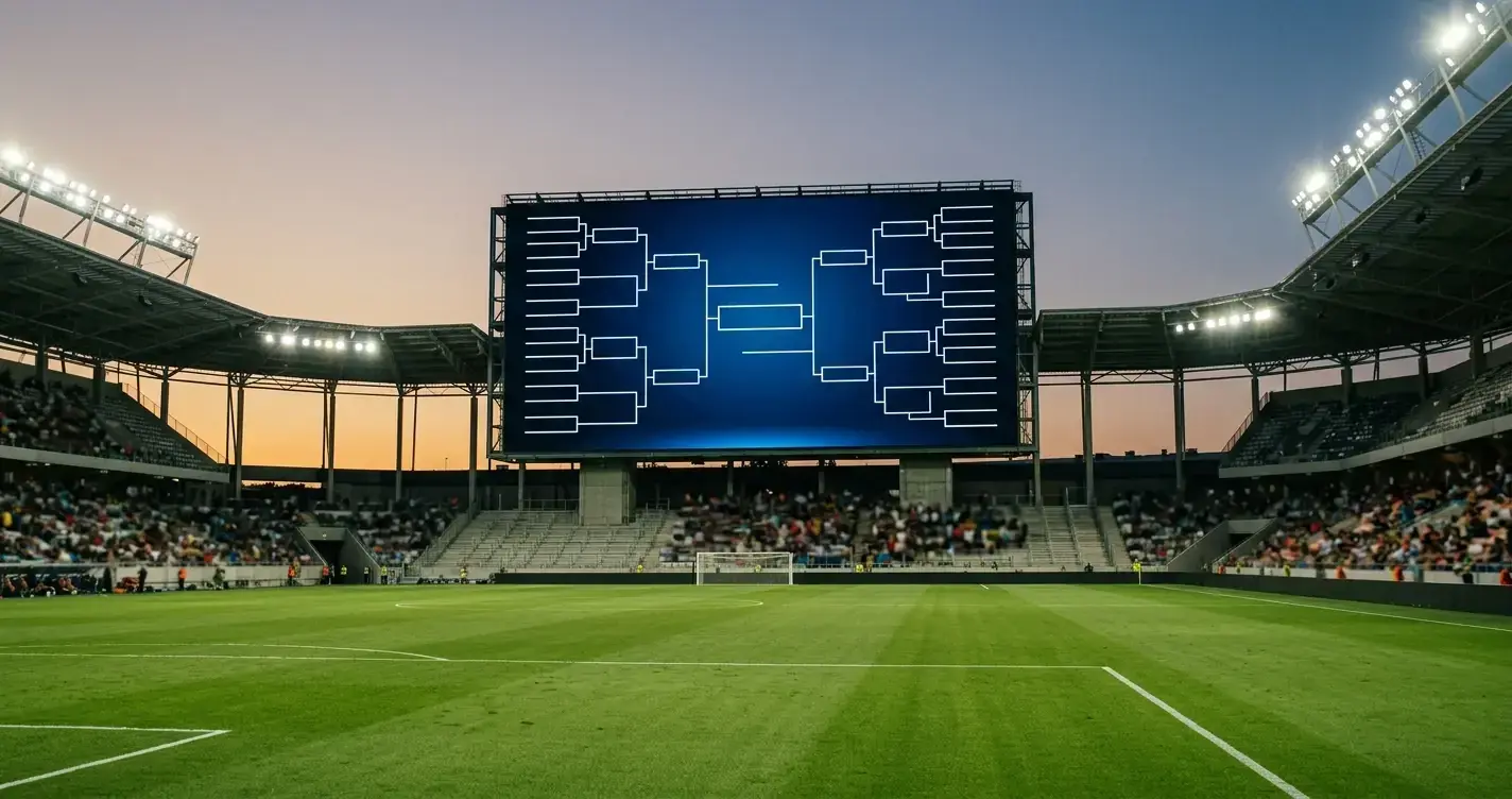 Un tabellone luminoso di uno stadio con il percorso della fase a eliminazione diretta prima di una partita serale