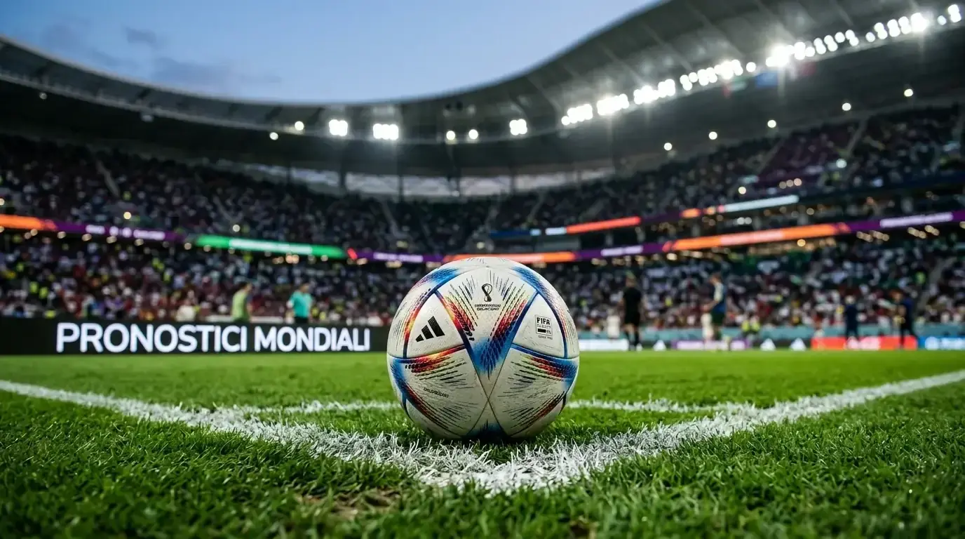 Pallone dei Mondiali 2026 sul dischetto in uno stadio illuminato la sera prima del fischio d'inizio