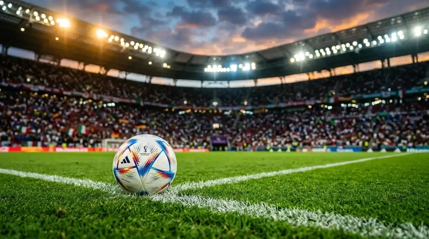 Un pallone dei Mondiali 2026 al centro di un campo illuminato prima del calcio d'inizio di un quarto di finale serale