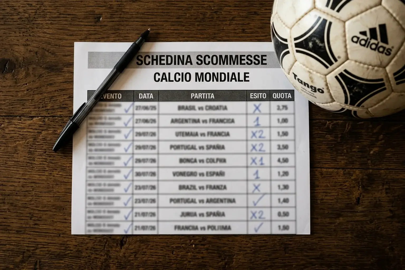 Schedina di scommesse sportive con partite dei Mondiali 2026 su un tavolo accanto a un pallone da calcio