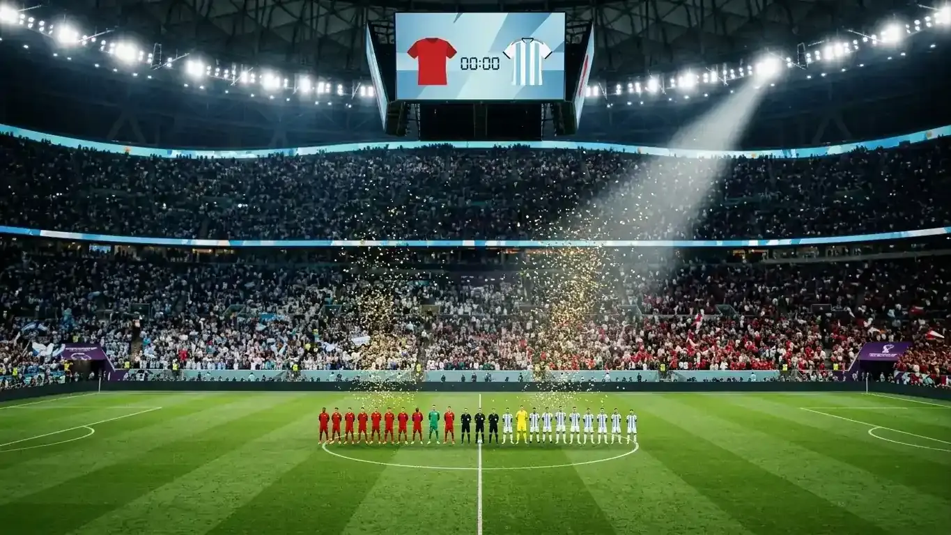 Due nazionali schierate a centrocampo in uno stadio gremito prima della finale, coriandoli dorati nell'aria