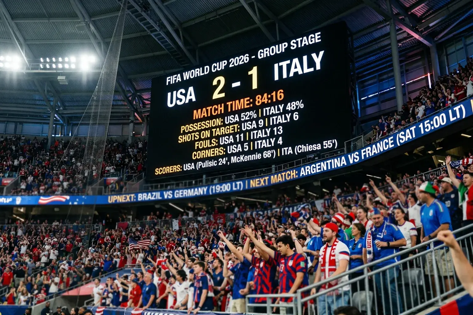 Tabellone elettronico in uno stadio con quote e risultati delle partite dei Mondiali di calcio
